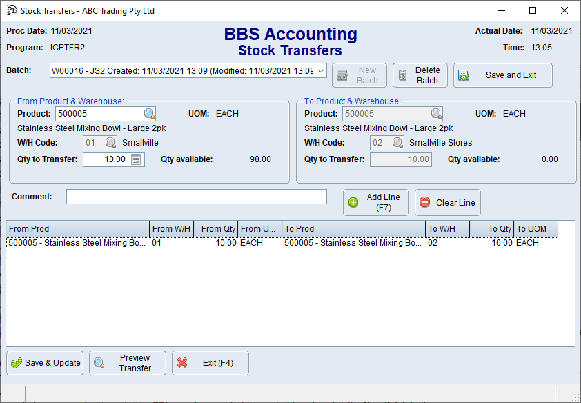 Stock Transfers Screen - Warehouse to Warehouse