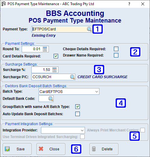 POS Payment Type Maintenance Screen