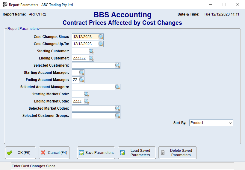 Contract Prices Affected by Cost Changes Report Screen