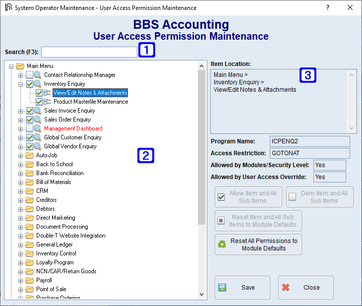 User Access Permission Maintenance Screen