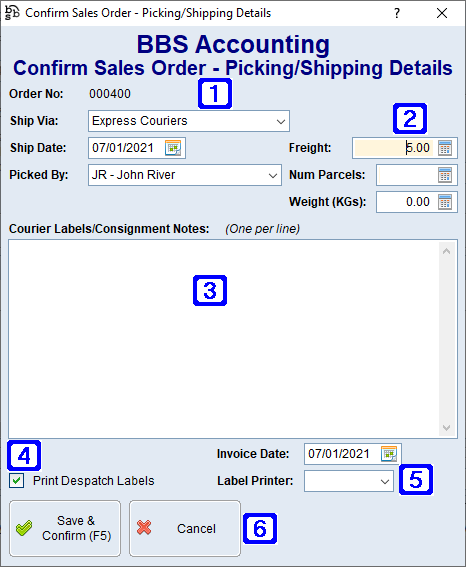 Confirm Sales Order - Picking/Shipping Details Screen