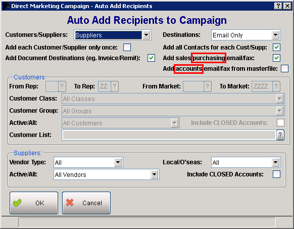 Direct Marketing Campaign - Auto Add Recipients Screen