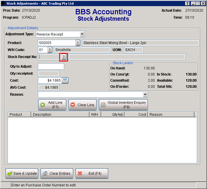 Stock Adjustments - Reverse Receipt Screen