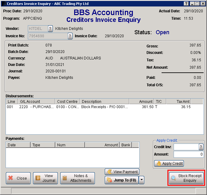 Creditors Invoice Enquiry Screen