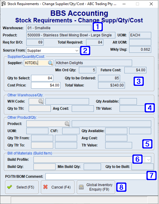 Stock Requirements - Change Supp/Qty/Cost Screen (Single item selected)