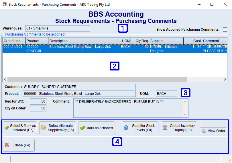 Stock Requirements - Purchasing Comments Screen