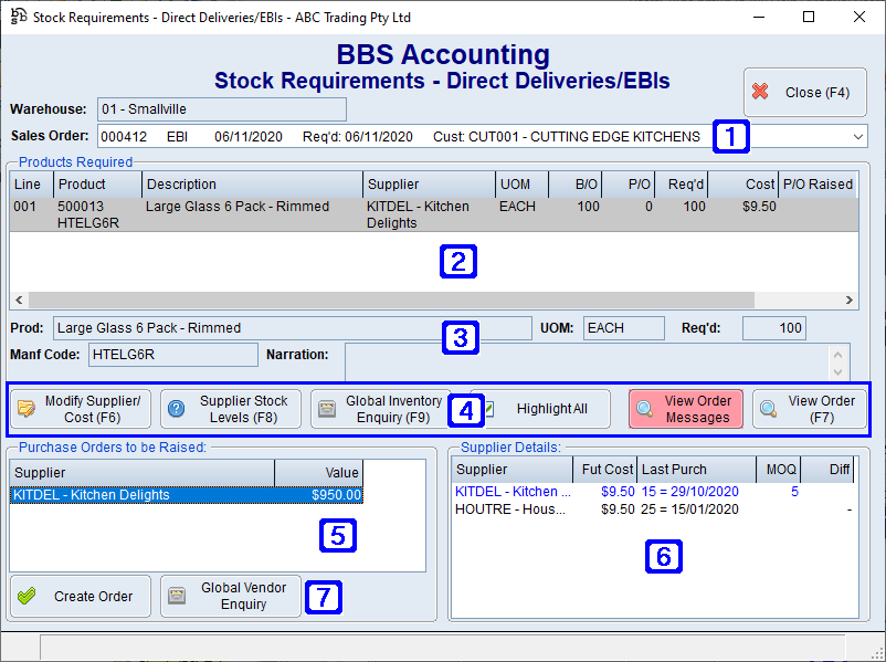 Stock Requirements - Direct Deliveries/EBIs Screen