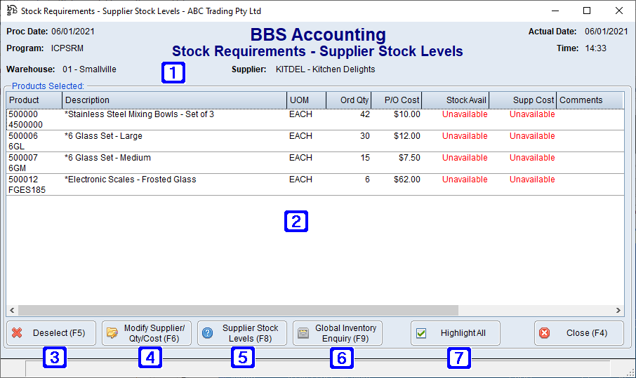 Stock Requirements - Supplier Stock Levels Screen