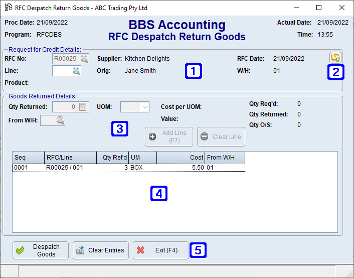 RFC Despatch Return Goods Screen