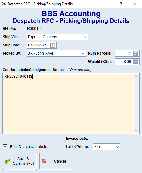 Despatch RFC - Picking/Shipping Details Screen