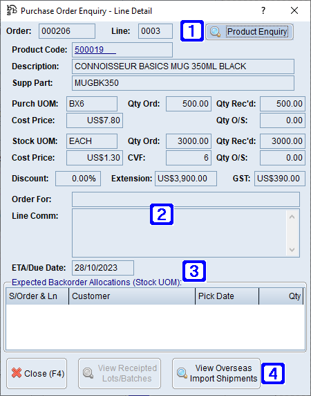 Purchase Order Enquiry - Line Detail Screen