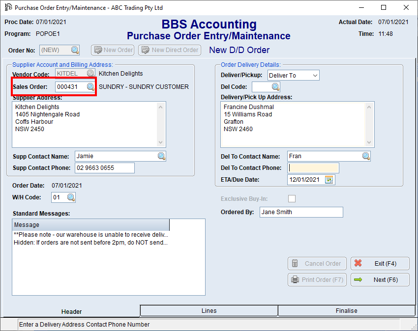 Purchase Order Entry/Maintenance - New Direct Order Screen