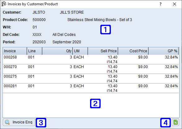 Invoices by Customer/Product Screen