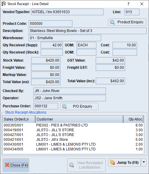 Stock Receipt - Line Detail Screen