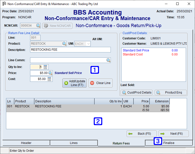 Non-Conformance/CAR Entry & Maintenance Return Fees Tab Screen