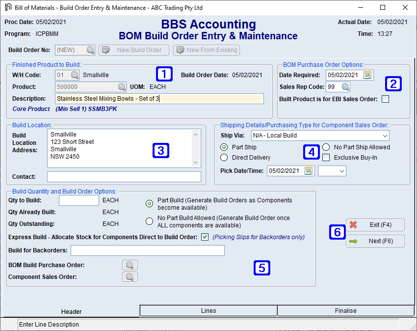 BOM Build Order Entry & Maintenance Header Tab Screen