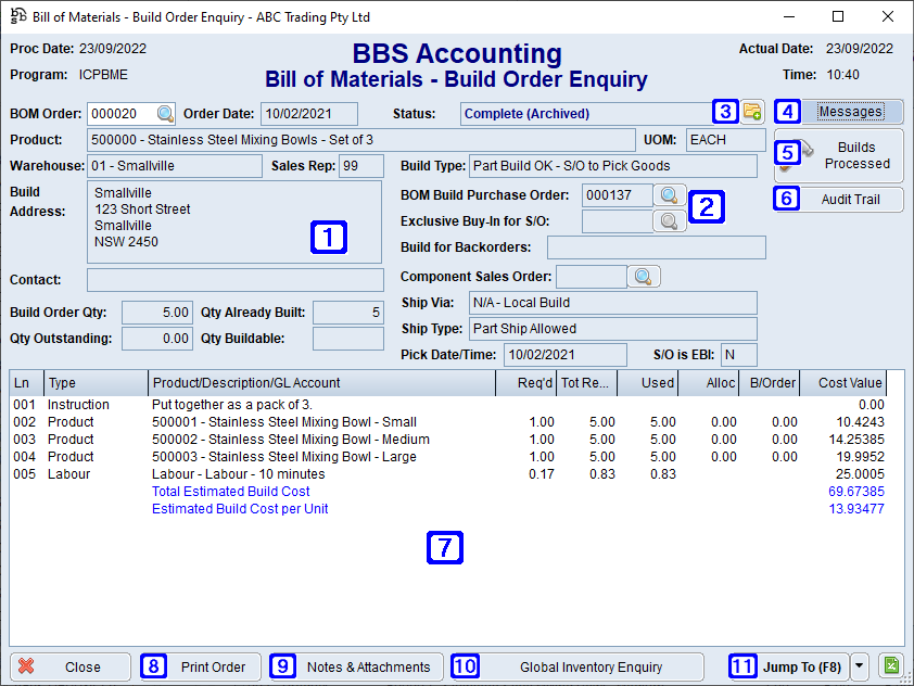 Bill of Materials - Build Order Enquiry Screen