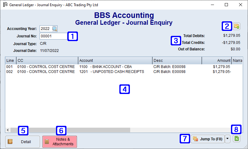 General Ledger - Journal Enquiry Screen