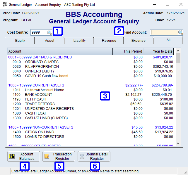 General Ledger Account Enquiry Screen