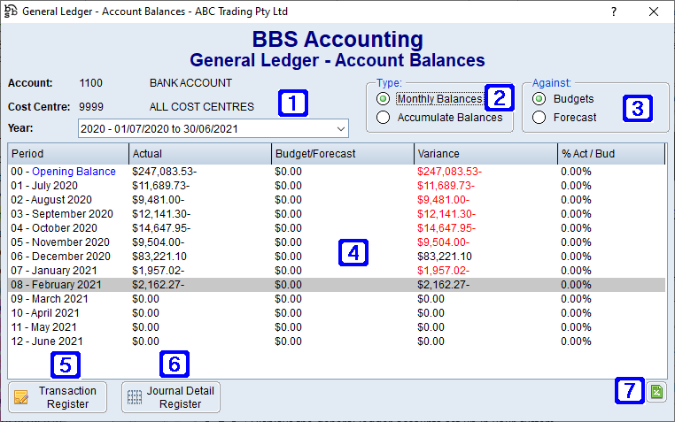 General Ledger - Account Balances Screen