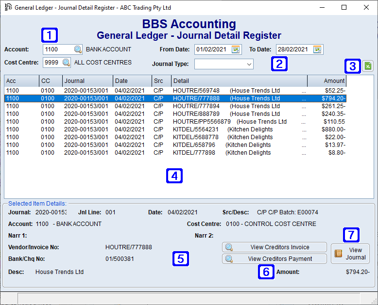 General Ledger - Journal Detail Register Screen