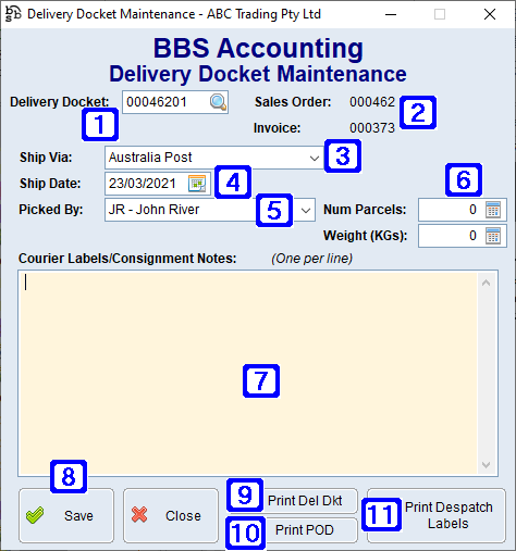 Delivery Docket Maintenance Screen