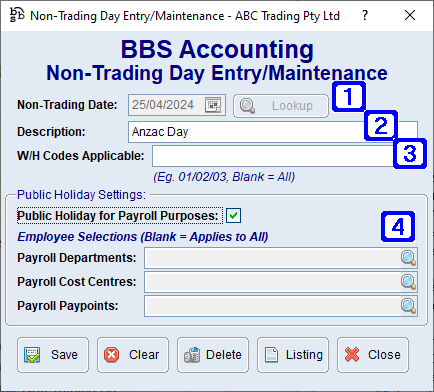 Non-Trading Day Entry/Maintenance Screen