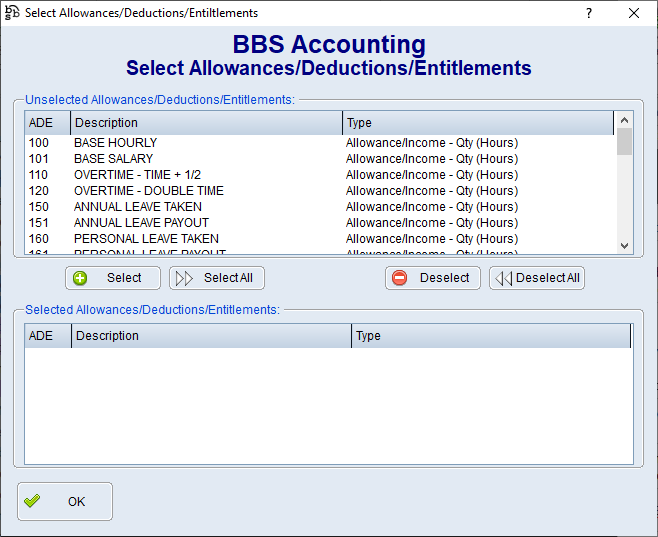 Select Allowances/Deductions/Entitlements Screen