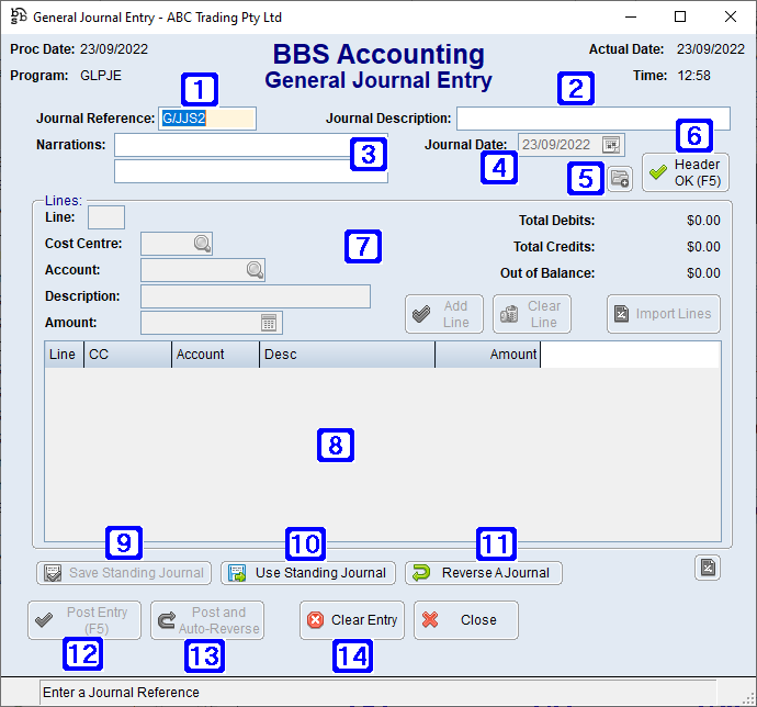 General Journal Entry Screen