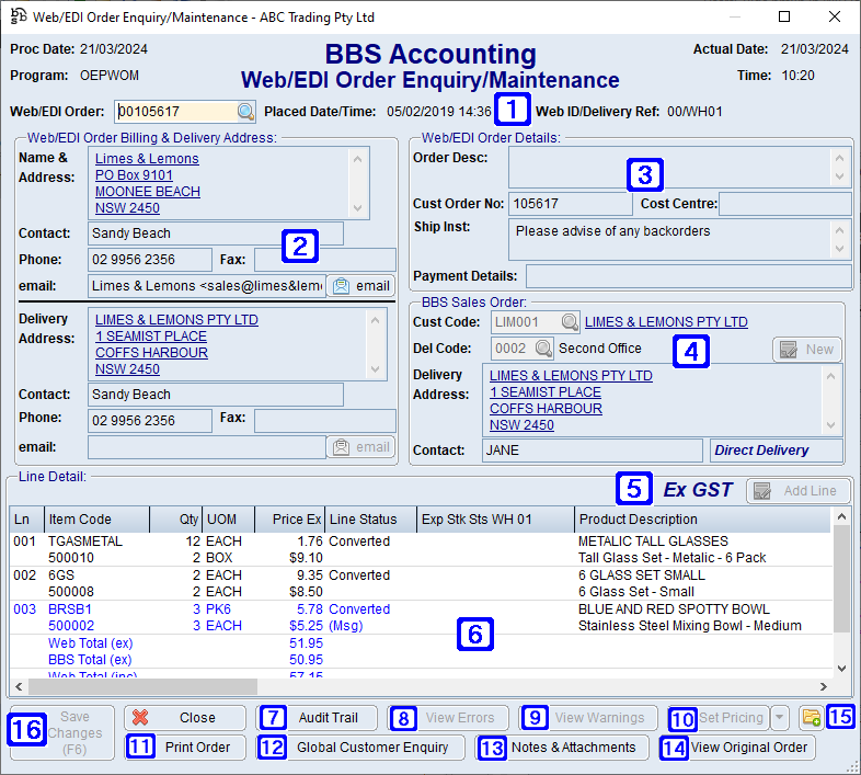 Web/EDI Order Enquiry/Maintenance Screen