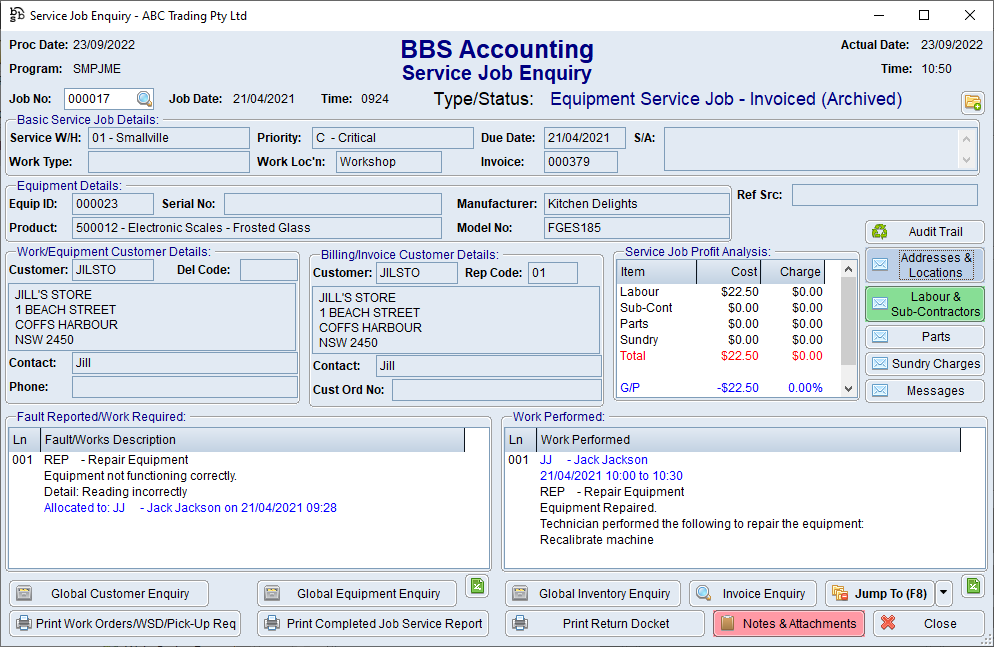 Service Job Enquiry Screen