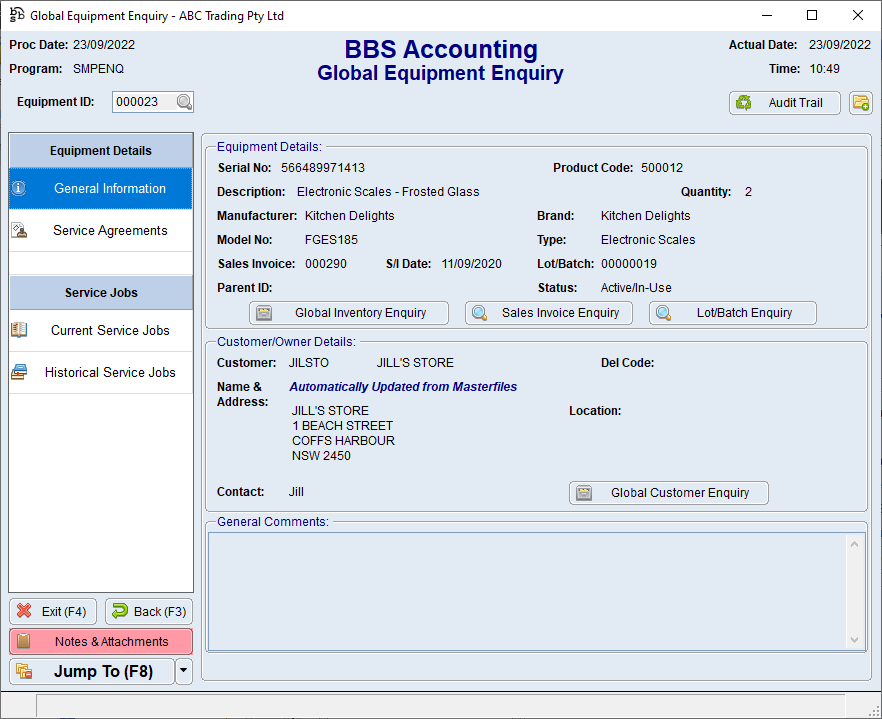 Global Equipment Enquiry Screen