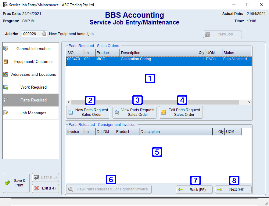 Service Job Entry/Maintenance - Parts Required Tab Screen