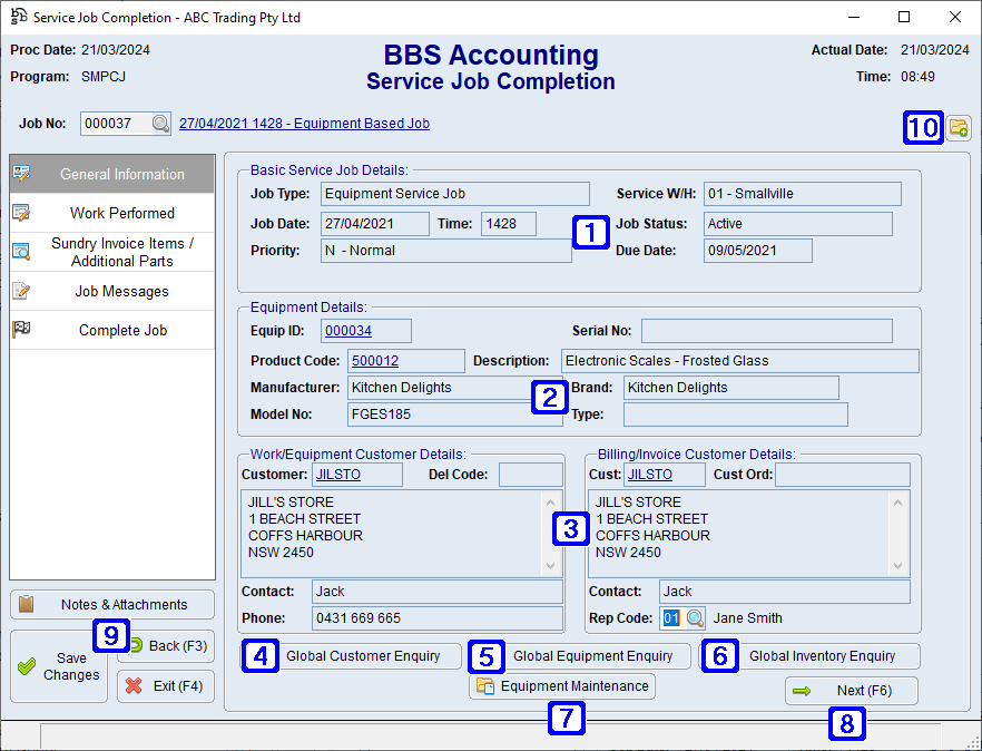 Service Job Completion - General Information Tab Screen