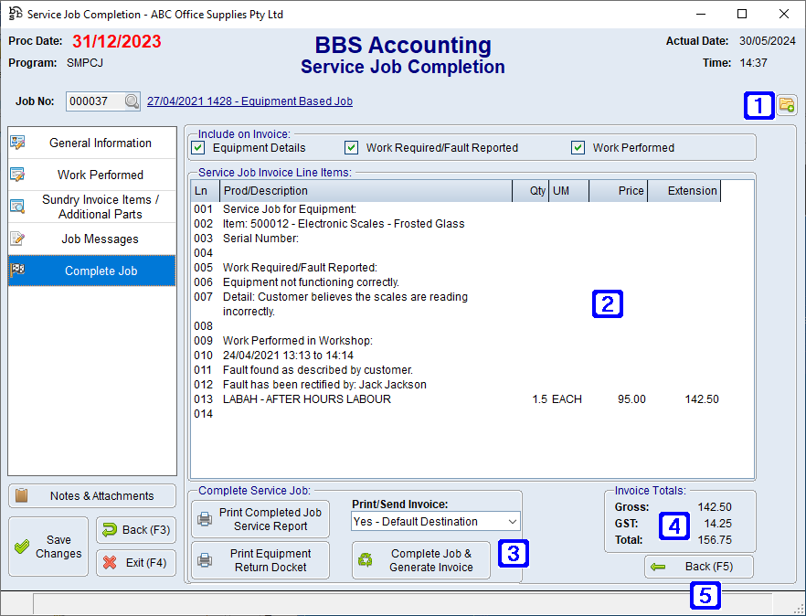 Service Job Completion - Complete Job Tab Screen