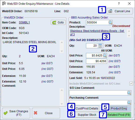 Web/EDI Order Enquiry/Maintenance - Line Detail Screen