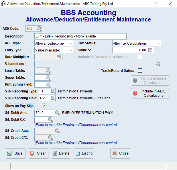 Creating ETP Allowance, Deduction, Entitlement Codes