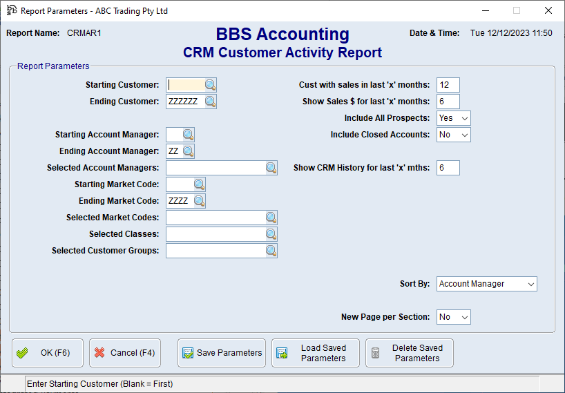 CRM Customer Activity Report Screen