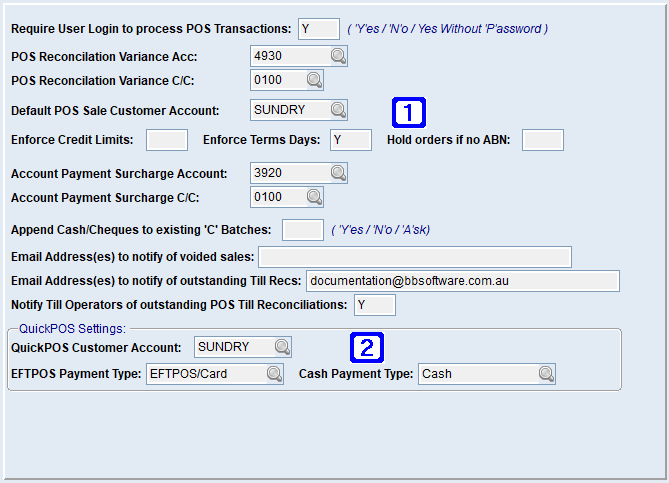 System Parameter Maintenance - Point of Sale Settings Screen