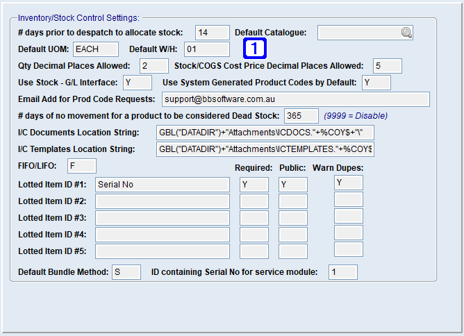 System Parameter Maintenance - Inventory Settings Screen