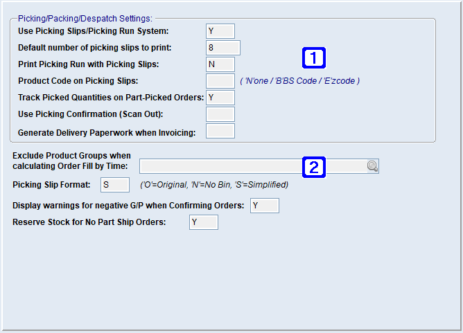 System Parameter Maintenance - Warehouse Settings Screen