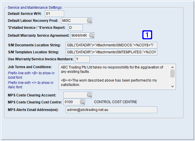 System Parameter Maintenance - Service & Maintenance Settings Screen