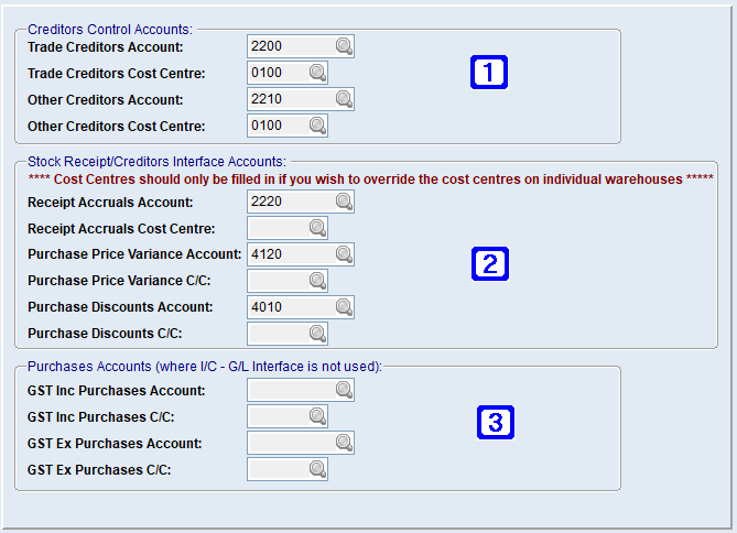 System Parameter Maintenance - G/L Interface Creditors Screen