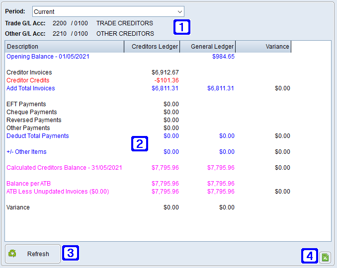 Creditors Reconciliation Tab Screen