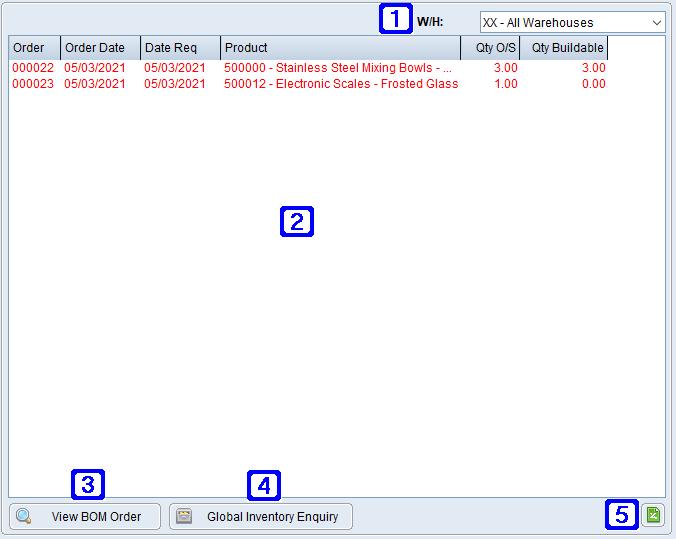 Outstanding BOM Build Orders Tab Screen