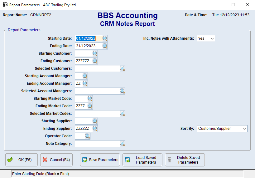 CRM Notes Report Screen