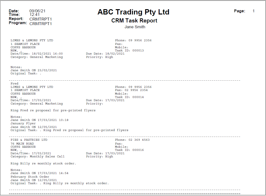 Example of CRM Tasks Report - Detail