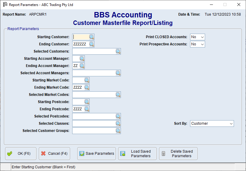 Customer Masterfile Report/Listing Screen