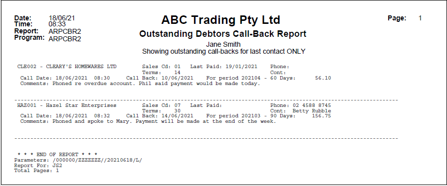 Example of Outstanding Debtors Call-Back Report