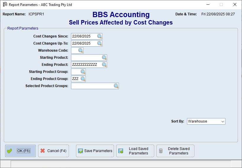 Sell Prices Affected by Cost Changes Screen